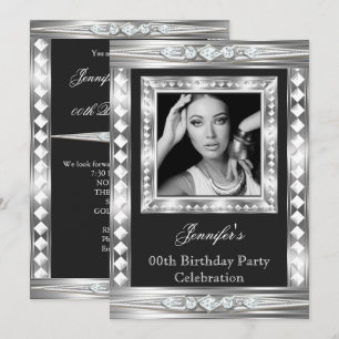 Convites Elegante Foto Prata Glam Diamante Preto Aniversári