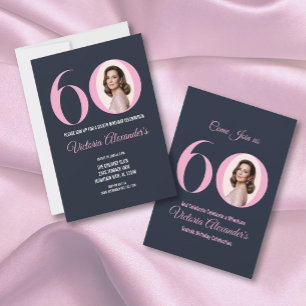 Convites Elegante Foto Preta Rosa Aniversário de 60 anos