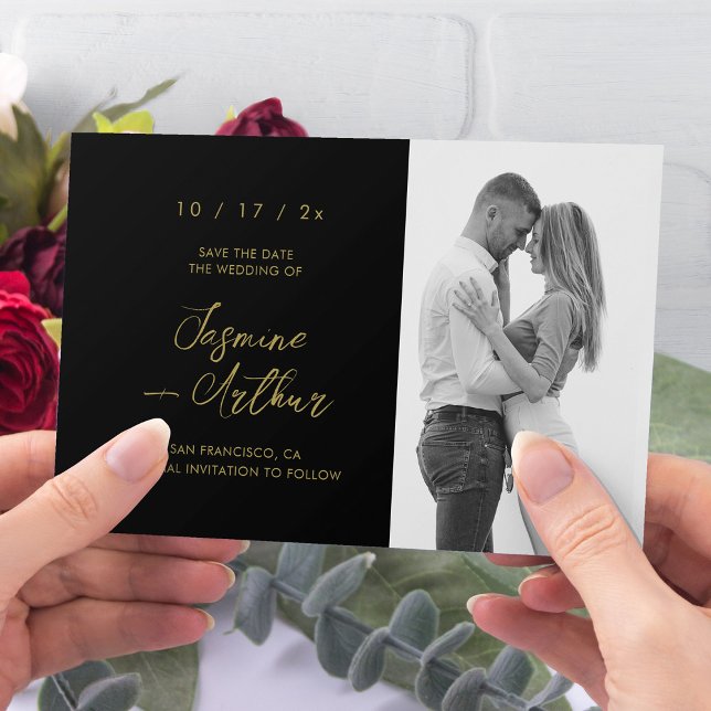 Convites Elegante Foto Preto e Dourado para Salvar a Data (Elegant Black & Gold Photo Save the Date Invitatio)