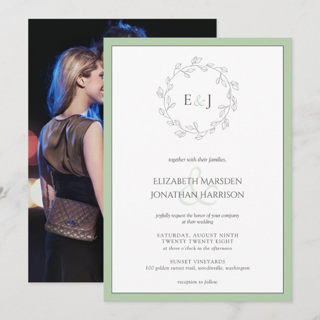 Convites Elegante Foto: Sage Green Monographic Wreath (Frente/Verso)