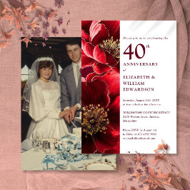 Convites Elegante Foto Vermelho Ouro Floral de 40º Aniversá