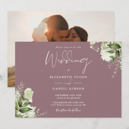 Convites Elegante Fotografia de Flor de Greenery Roxo Casam