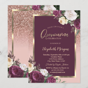 Convites Elegante Frame Burgundy Rosas Quinceañera