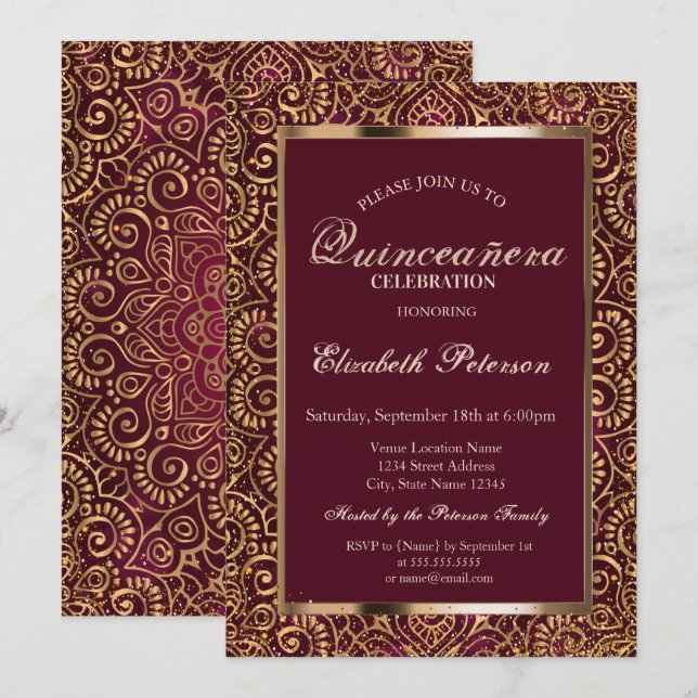 Convites Elegante Frame Confetti Dourado Mandala Quinceañer (Frente/Verso)