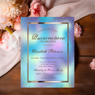 Convites Elegante Frame Confetti Holographic Quinceañera