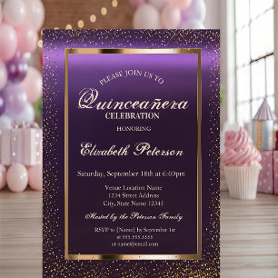 Convites Elegante Frame Confetti Purple Quinceañera