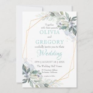 Convites Elegante Frame Dourado Greenery Dusty Blue Casamen