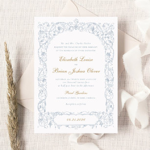 Convites Elegante Frame Floral Dusty Casamento vintage Azul