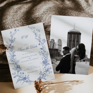 Convites Elegante Francês Vintage Blue Floral Salvar Data