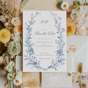 Convites Elegante Francês Vintage Blue Floral Salvar Data