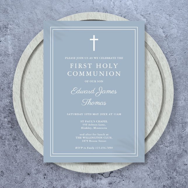Convites Elegante Fronteira Azul Poeirento Primeira Comunhã (Elegant Border Dusty Blue First Holy Communion Invitation)
