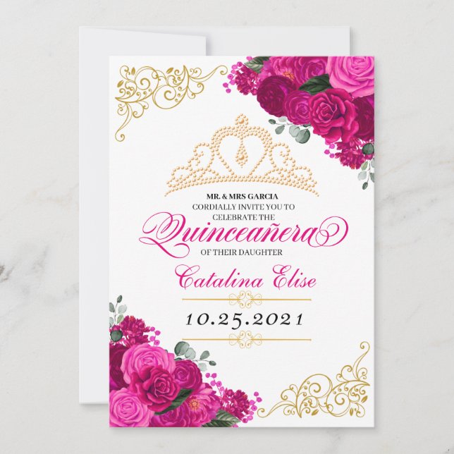 Convites Elegante Fuchsia Floral Rosa Quinceanera Aniversár (Frente)