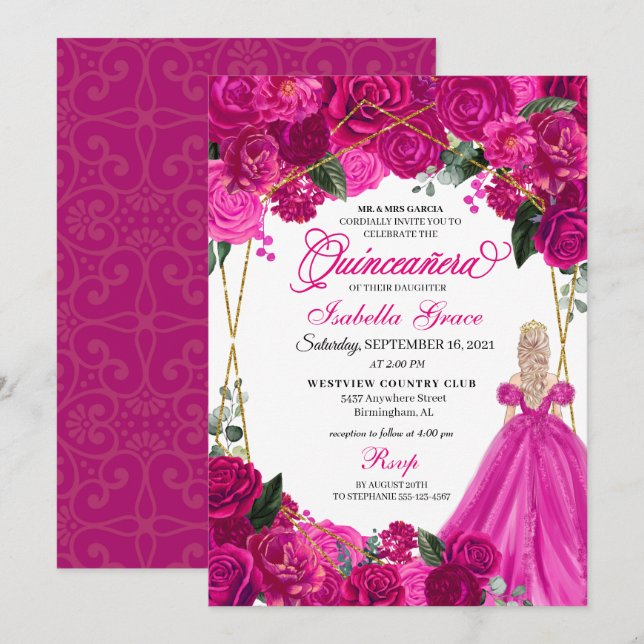 Convites Elegante Fuchsia Floral Rosa Quinceanera Aniversár (Frente/Verso)