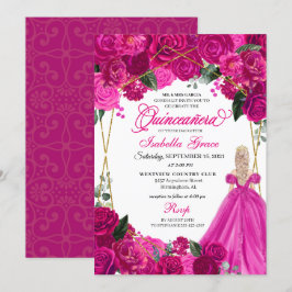 Convites Elegante Fuchsia Floral Rosa Quinceanera Aniversár