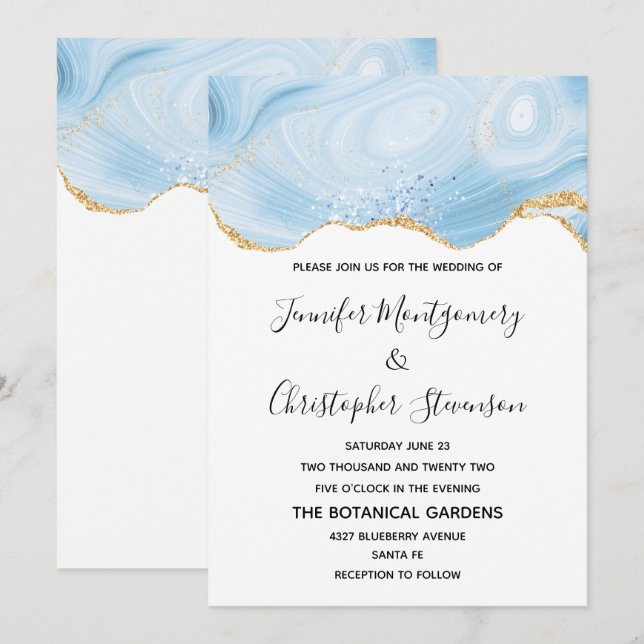 Convites Elegante Fundo de Ágata Azul e Dourado Casamento (Frente/Verso)