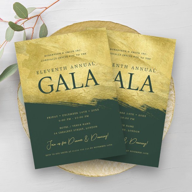 Convites Elegante GALA Business Dourado Brush Emerald (Elegant GALA Company Business Gold Brush Emerald Invitation)