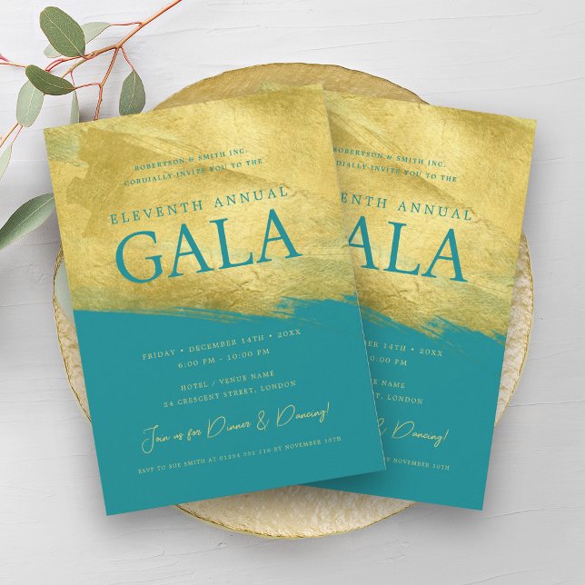 Convites Elegante GALA Company Dourada Turquesa de Pincel (Elegant GALA Company Business Gold Brush Turquoise Invitation)