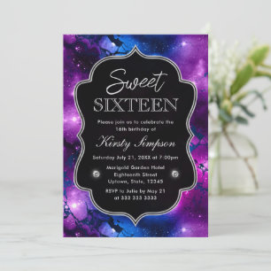 Convites Elegante Galáxia de Mármore Roxo e Azul Sweet Sixt