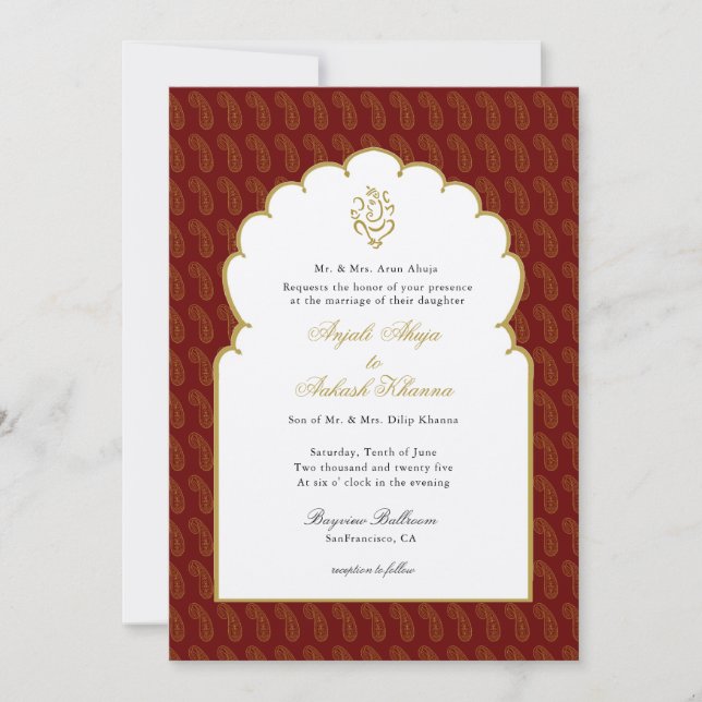 Convites Elegante Ganesh Vermelho e Dourado casamento india (Frente)