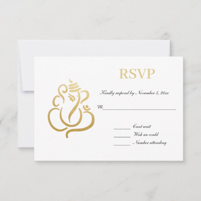 Convites Elegante Ganesha Dourado | RSVP de Casamento India (Frente)