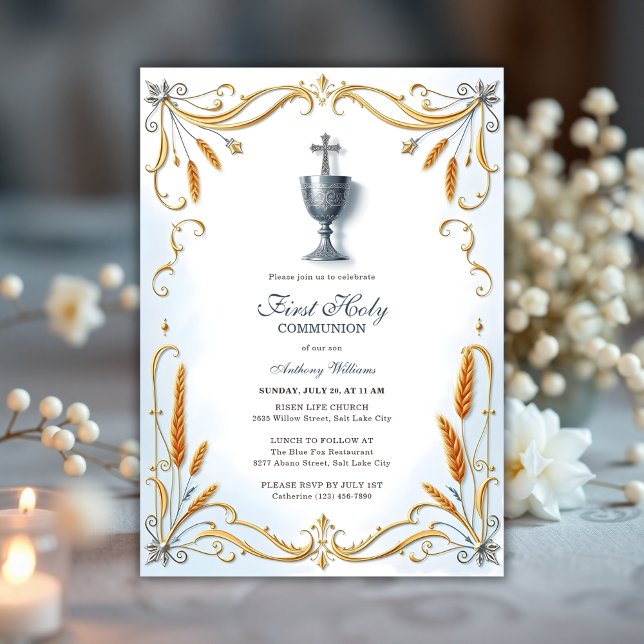 Convites Elegante Garoto Chalice Silver Primeira Comunhão S (Elegant First Holy Communion Invitation for Boy – Silver Chalice & Gold Wheat Design)