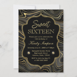 Convites Elegante Geodo de Estratos Preto e Dourado Sweet 1