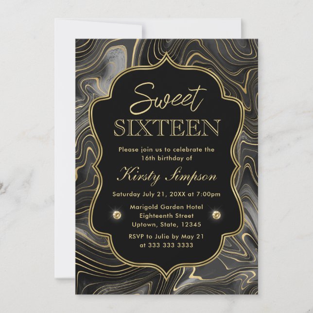 Convites Elegante Geodo de Estratos Preto e Dourado Sweet 1 (Frente)