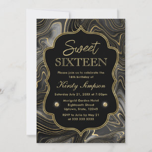 Convites Elegante Geodo de Estratos Preto e Dourado Sweet 1