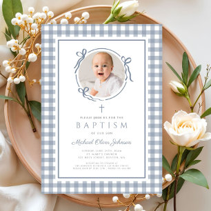 Convites Elegante Gingham Azul Poeirento Foto Menina Batism