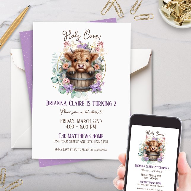 Convites Elegante Girly Floral Highland Festa de aniversári (Girly Elegant Floral Highland Cow Birthday Party Invitation for Little girls baby one two kids party)
