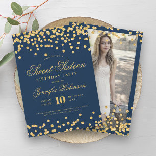 Convites Elegante Glam Dourado Marinho Confetti Foto Sweet