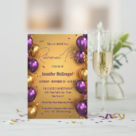 Convites Elegante Glam Purple Dourado Balões de Aposentação