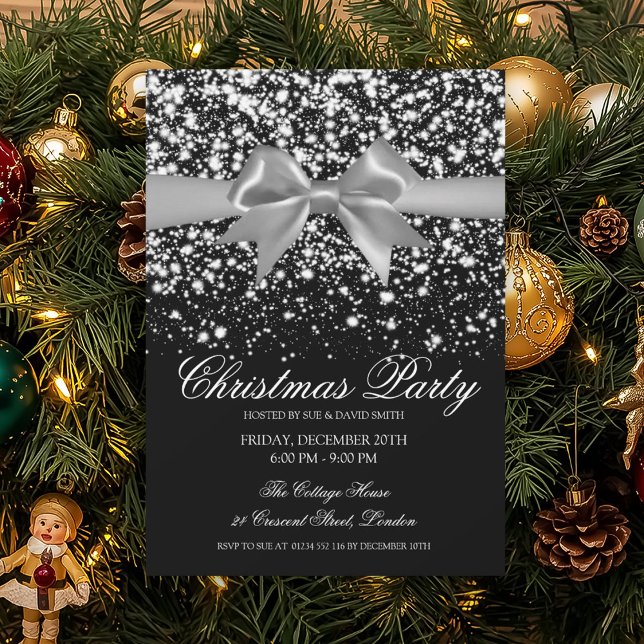 Convites Elegante Glamour em Prata Arco de Natal Festa  (Elegant Silver Glam Bow Christmas Party Invitation)