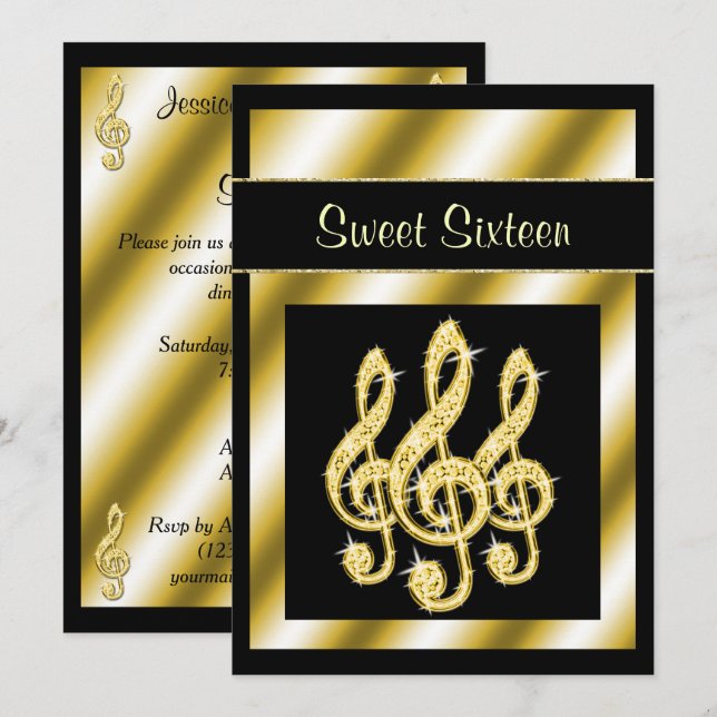 Convites Elegante, Glamourosa D clave de sol dourada Sweet  (Frente/Verso)