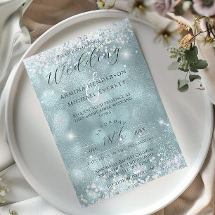 Convites Elegante Glamouroso Azul Brilho Foto Casamento