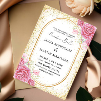 Convites Elegante Gliter Floral Dourada Nuestra Espanhola B