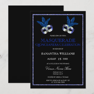 Convites Elegante Glitter Azul Máscara Quinceañera