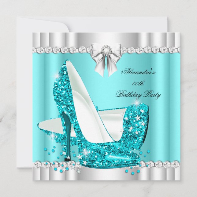 Convites Elegante Glitter Azul Teal Glamor Hi Heels Silver (Frente)
