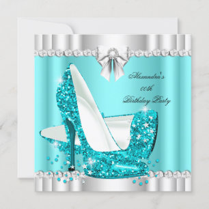 Convites Elegante Glitter Azul Teal Glamor Hi Heels Silver