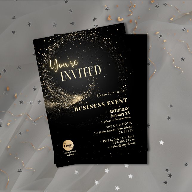 Convites Elegante Glitter Black e Dourado evento comercial (Elegant Glitter Black and Gold Business Event Invitation )