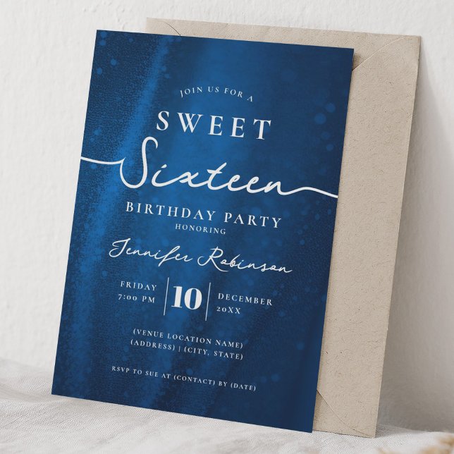Convites Elegante Glitter Chic Doce 16 Aniversário Azul Mar (Elegant Chic Glitter Sweet 16 Birthday Navy Blue Invitation)