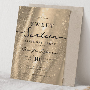 Convites Elegante Glitter Chic Doce 16 Aniversário Dourado 