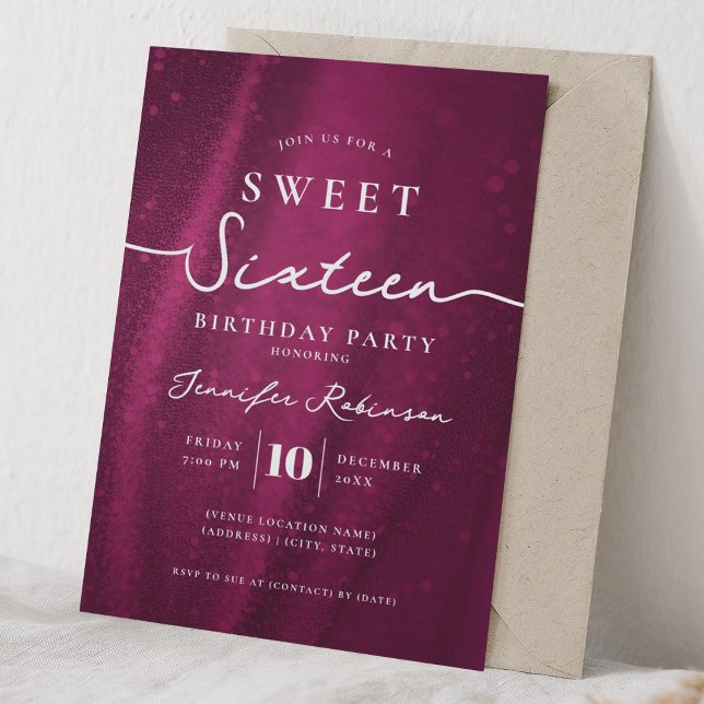 Convites Elegante Glitter Chic Doce 16 Aniversário Rosa Que (Elegant Chic Glitter Sweet 16 Birthday Hot Pink Invitation)
