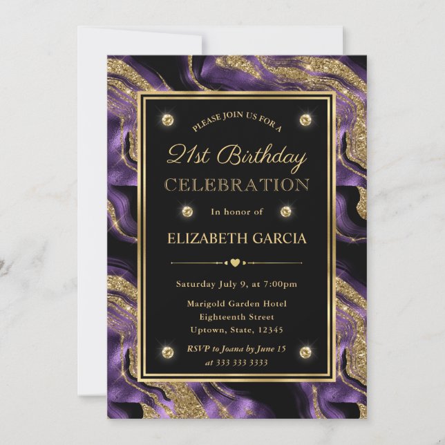 Convites Elegante Glitter de Ágata Roxo e Dourado Aniversár (Frente)