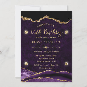 Convites Elegante Glitter de Ágata Roxo e Dourado para 60º 