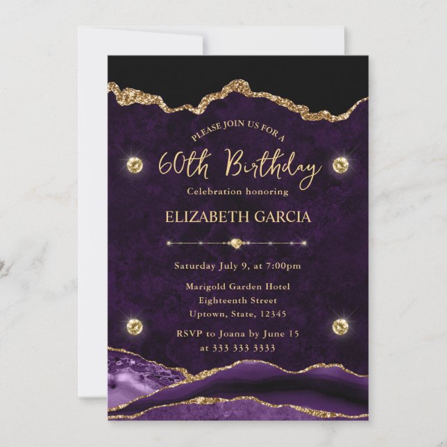 Convites Elegante Glitter de Ágata Roxo e Dourado para 60º  (Frente)