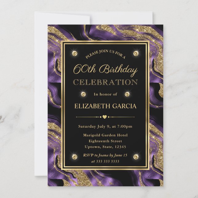 Convites Elegante Glitter de Ágata Roxo e Dourado para 60º  (Frente)