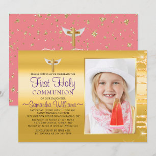 Convites Elegante Glitter Dourado Coloca Foto Primeira Comu
