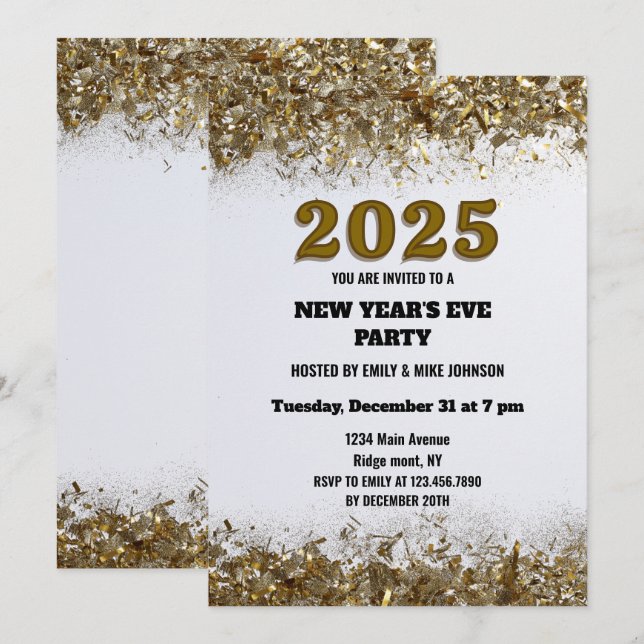 Convites Elegante Glitter Dourado Réveillon branco 2025 (Frente/Verso)