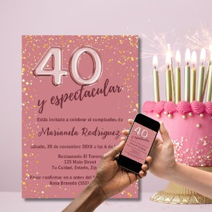 Convites Elegante Glitter Dourado Rosa 40º Aniversário Espa